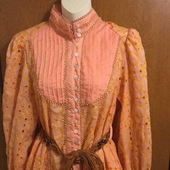 Vintage Orange Eyelet Button Down Cottage core Lace Details long Sleeve Dress S - Picture 4 of 15